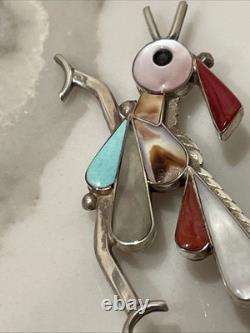Vintage Zuni Sterling Silver Inlay Pin/pendent Turquoise Coral Signed Kelly E
