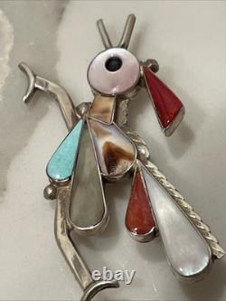 Vintage Zuni Sterling Silver Inlay Pin/pendent Turquoise Coral Signed Kelly E
