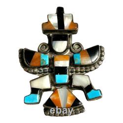 Vintage Zuni Sterling Silver Knifewing Pin with Turquoise, Coral & Shell Inlay
