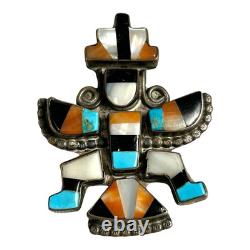 Vintage Zuni Sterling Silver Knifewing Pin with Turquoise, Coral & Shell Inlay