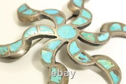 Vintage Zuni Sterling Silver Large Turquoise Inlay Spiral Star Brooch Pin