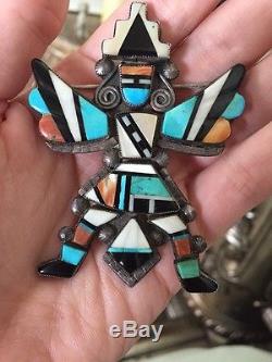 Vintage Zuni Sterling Silver Large Turquoise Knifewing Inlay Pin