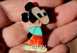 Vintage Zuni Sterling Silver Mickey Mouse Brooch Pin Turquoise Coral Onyx Shell