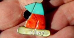 Vintage Zuni Sterling Silver Mickey Mouse Brooch Pin Turquoise Coral Onyx Shell