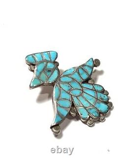 Vintage Zuni Sterling Silver Mosaic & Channel Inlay Turquoise Thunderbird Pin