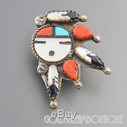 Vintage Zuni Sterling Silver Multi Gemstone Inlay Sun Face Feathers Pin Pendant