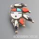 Vintage Zuni Sterling Silver Multi Gemstone Inlay Sun Face Feathers Pin Pendant