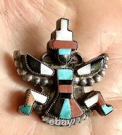 Vintage Zuni Sterling Silver Multi Stone Inlay Knifewing Brooch Pin