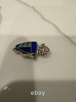 Vintage Zuni Sterling Silver Multi Stone Inlay Sunface Shield Pin Pendant Brooch
