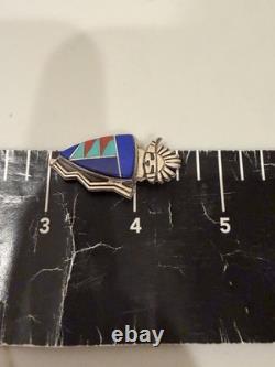 Vintage Zuni Sterling Silver Multi Stone Inlay Sunface Shield Pin Pendant Brooch