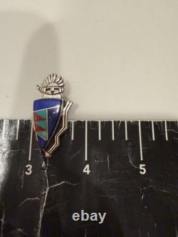 Vintage Zuni Sterling Silver Multi Stone Inlay Sunface Shield Pin Pendant Brooch