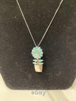 Vintage Zuni Sterling Silver Natural Turquoise Inlay Flower Pot Necklace/Pin 20