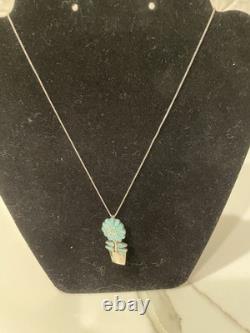 Vintage Zuni Sterling Silver Natural Turquoise Inlay Flower Pot Necklace/Pin 20