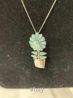 Vintage Zuni Sterling Silver Natural Turquoise Inlay Flower Pot Necklace/Pin 20