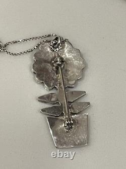 Vintage Zuni Sterling Silver Natural Turquoise Inlay Flower Pot Necklace/Pin 20