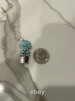 Vintage Zuni Sterling Silver Natural Turquoise Inlay Flower Pot Necklace/Pin 20