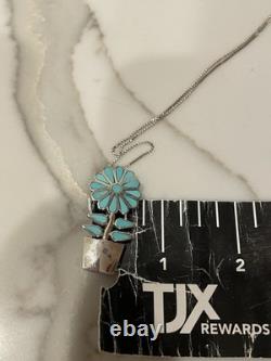 Vintage Zuni Sterling Silver Natural Turquoise Inlay Flower Pot Necklace/Pin 20