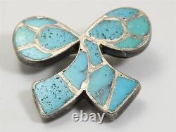 Vintage Zuni Sterling Silver Old Pawn Mosaic Turquoise Inlay Bow Brooch Pin