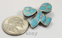 Vintage Zuni Sterling Silver Old Pawn Mosaic Turquoise Inlay Bow Brooch Pin