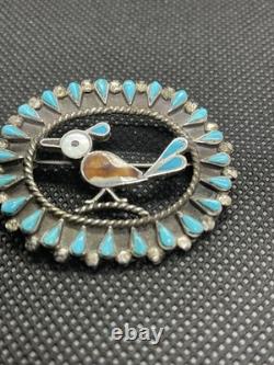 Vintage Zuni Sterling Silver Road Runner Brooch Native Jewelry