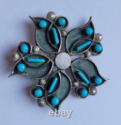 Vintage Zuni Sterling Silver Swirl Star Petit Point Turquoise Pin Brooch Pendant