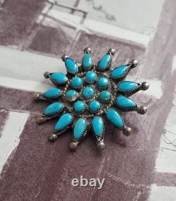 Vintage Zuni Sterling Silver & Turquoise Cluster Needlepoint Pin / Brooch