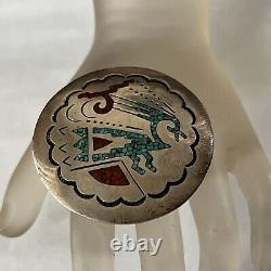 Vintage Zuni Sterling Silver Turquoise Coral Inlay Brooch Pin Pendant