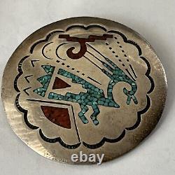 Vintage Zuni Sterling Silver Turquoise Coral Inlay Brooch Pin Pendant