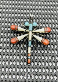 Vintage Zuni Sterling Silver Turquoise Coral Mother Of Pearl Dragonfly Pin