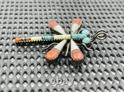 Vintage Zuni Sterling Silver Turquoise Coral Mother Of Pearl Dragonfly Pin