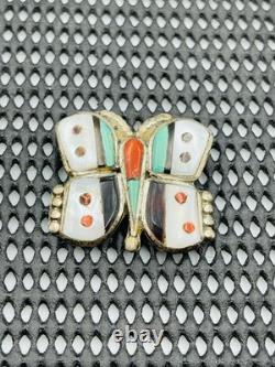 Vintage Zuni Sterling Silver Turquoise Coral Mother Of Pearl Inlay Butterfly Pin