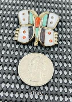 Vintage Zuni Sterling Silver Turquoise Coral Mother Of Pearl Inlay Butterfly Pin