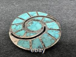 Vintage Zuni Sterling Silver Turquoise Inlay Brooch