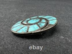 Vintage Zuni Sterling Silver Turquoise Inlay Brooch