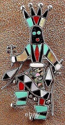 Vintage Zuni Sterling Silver Turquoise Multi-gem Inlay Gan Dancer Pin Pendant