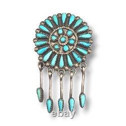 Vintage Zuni Sterling Silver Turquoise Petit Point Pendant Pin Tassels SIGNED