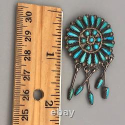 Vintage Zuni Sterling Silver Turquoise Petit Point Pendant Pin Tassels SIGNED