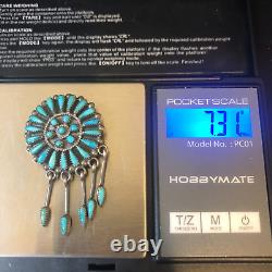 Vintage Zuni Sterling Silver Turquoise Petit Point Pendant Pin Tassels SIGNED