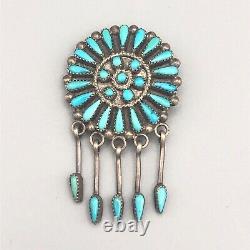 Vintage Zuni Sterling Silver Turquoise Petit Point Pendant Pin Tassels SIGNED