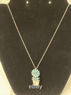 Vintage Zuni Sterling Turquoise Flower Pot Pendant/Pin Necklace 18 Signed