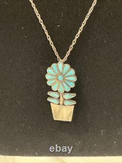 Vintage Zuni Sterling Turquoise Flower Pot Pendant/Pin Necklace 18 Signed