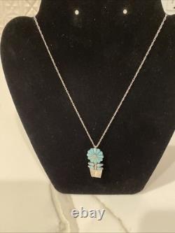 Vintage Zuni Sterling Turquoise Flower Pot Pendant/Pin Necklace 18 Signed