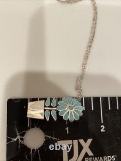 Vintage Zuni Sterling Turquoise Flower Pot Pendant/Pin Necklace 18 Signed