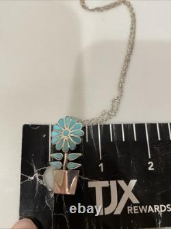 Vintage Zuni Sterling Turquoise Flower Pot Pendant/Pin Necklace 18 Signed