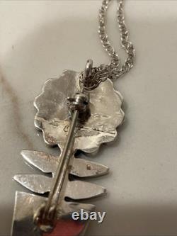 Vintage Zuni Sterling Turquoise Flower Pot Pendant/Pin Necklace 18 Signed