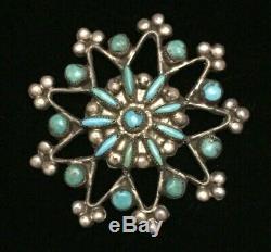 Vintage Zuni Sterling Turquoise Sandcast Petite Point Snowflake Pin Pendant 12gr