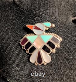 Vintage Zuni Style Silver Thunderbird Inlay Brooch