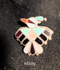 Vintage Zuni Style Silver Thunderbird Inlay Brooch
