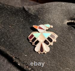 Vintage Zuni Style Silver Thunderbird Inlay Brooch