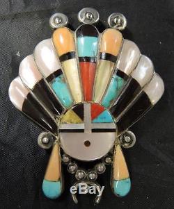 Vintage Zuni Sun Gold 9 Feather Silver & Mosaic Inlay Pin Brooch